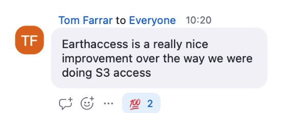 screenshot of zoom chat says 'Earthaccess is a really nice improvement over the way we were doing S3 access'