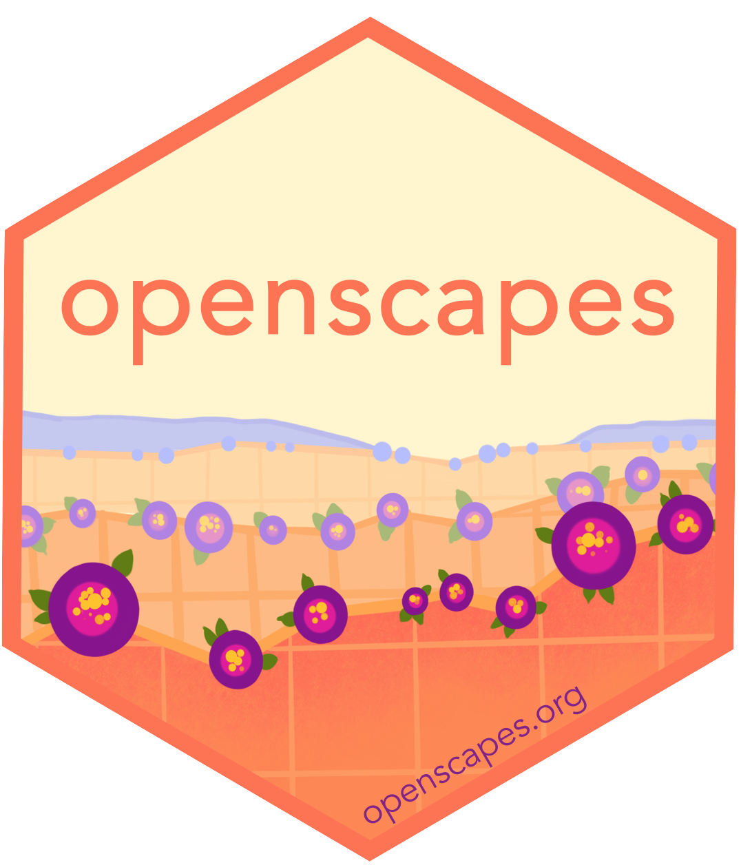 A stylized landscape showing rolling hills in different shades of orange, with purple flowers along the ridgelines. Subtle gridlines on the hills and circle packing in the flowers give a nod to data in the environment.